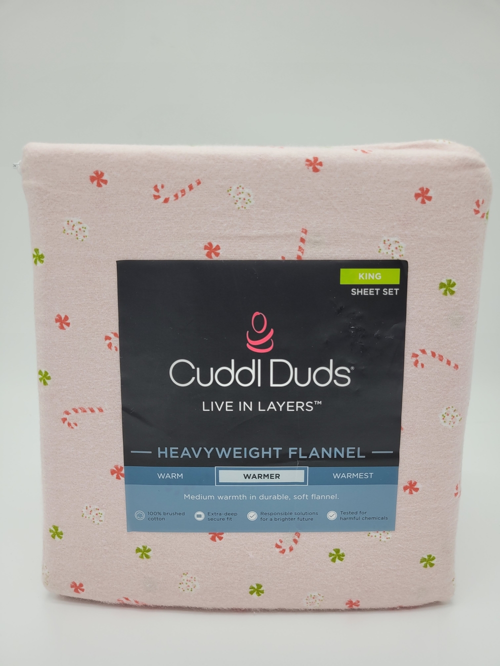 Cuddl Duds Heavyweight  Cotton Flannel Sheet Set Pink Candy Print KING Size NEW